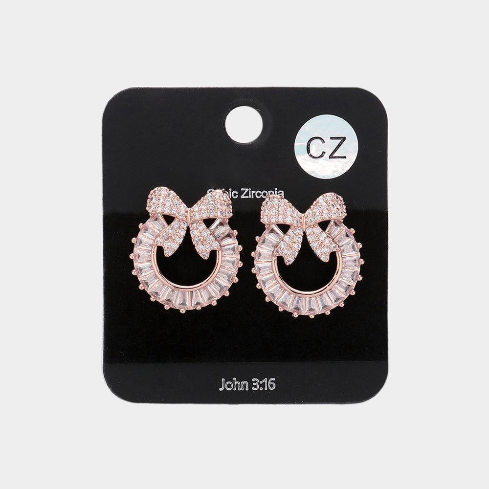 Rose Gold CZ Bow Accented Stud Earrings - Jewelry Store by Erik Rayo