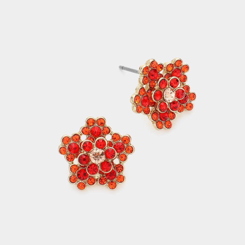 Orange Rhinestone Flower Stud Earrings - Jewelry Store by Erik Rayo
