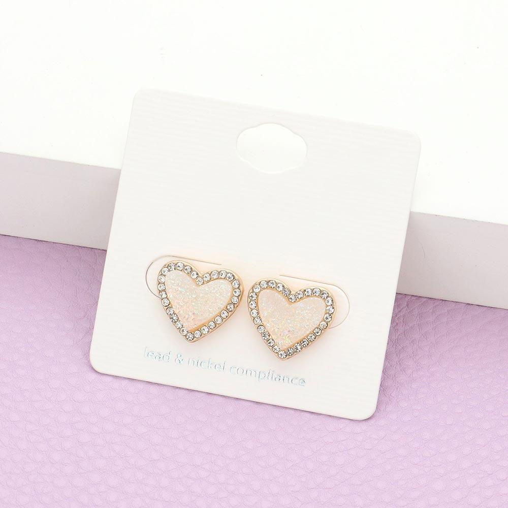 Rhinestone Trimmed Druzy Heart Stud Earrings - Jewelry Store by Erik Rayo