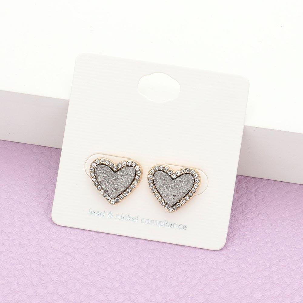Hematite Rhinestone Trimmed Druzy Heart Stud Earrings - Jewelry Store by Erik Rayo