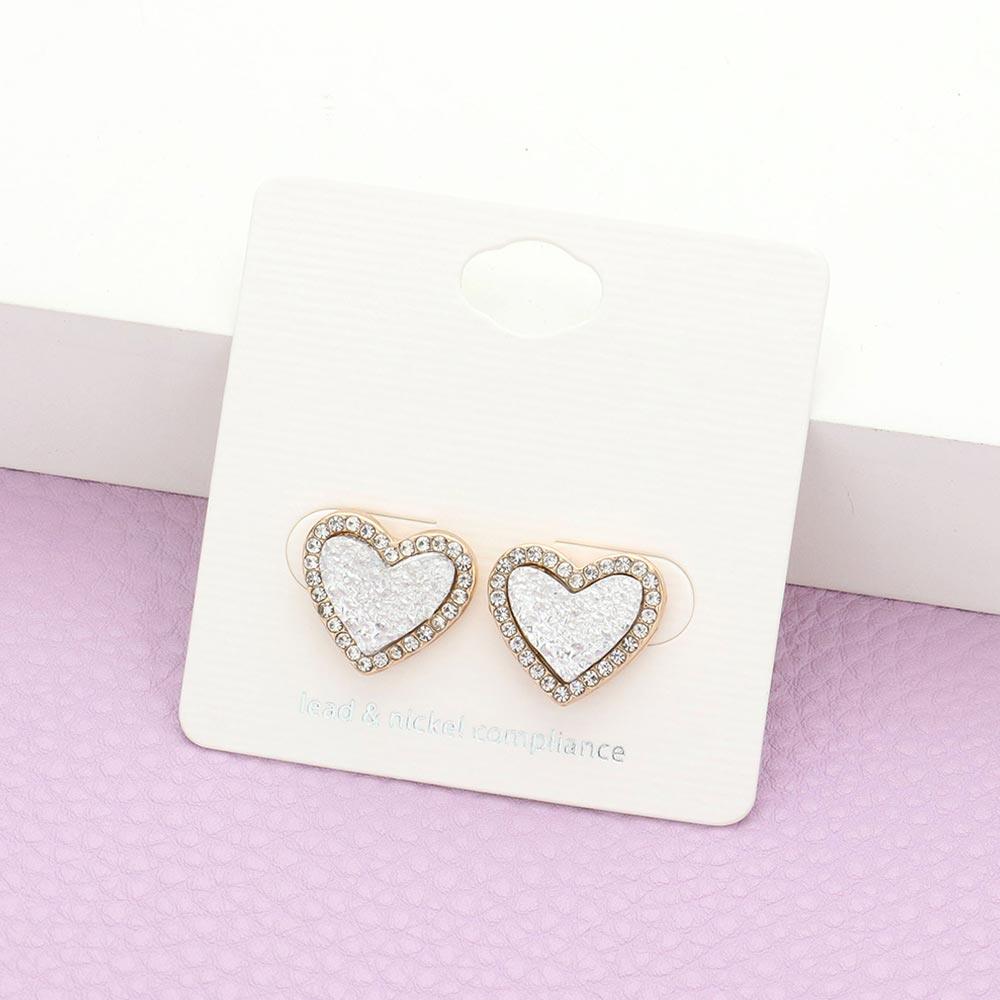 Silver Rhinestone Trimmed Druzy Heart Stud Earrings