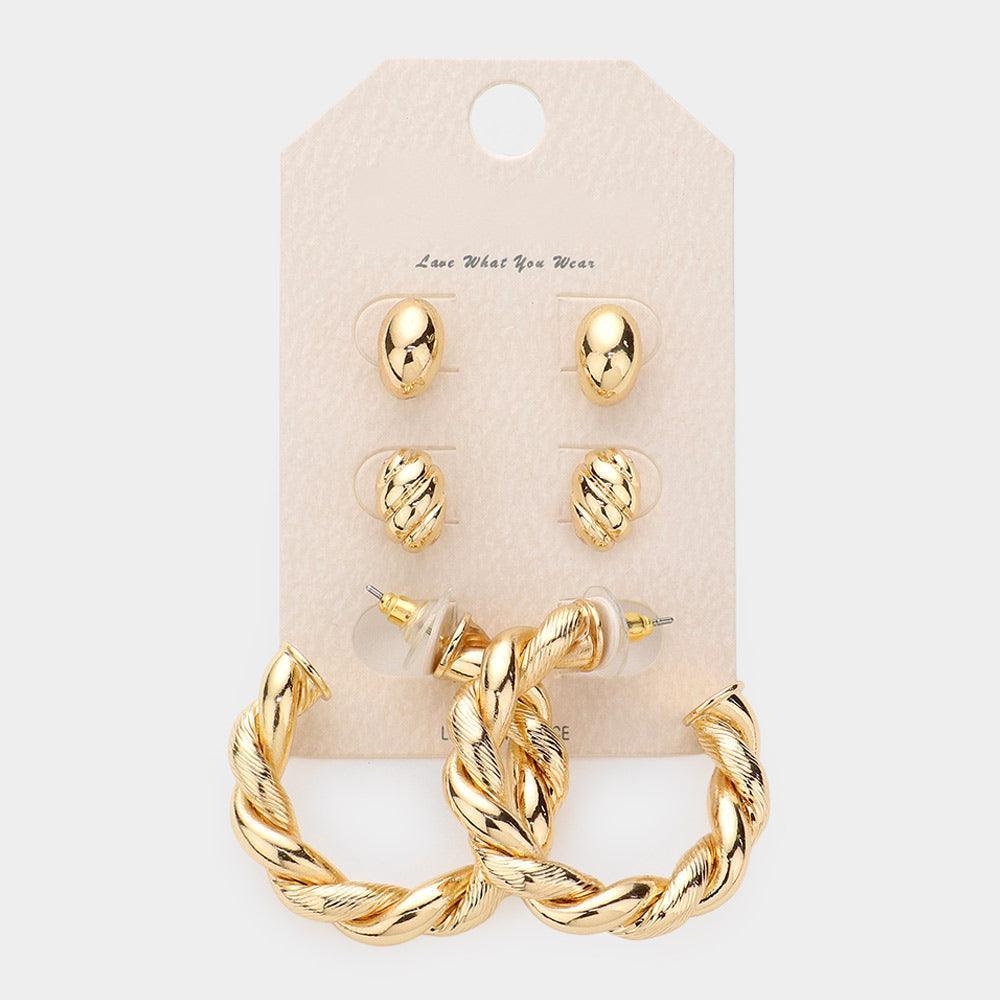 Gold 3Pairs - Metal Oval Twisted Hoop Earrings - Jewelry Store by Erik Rayo