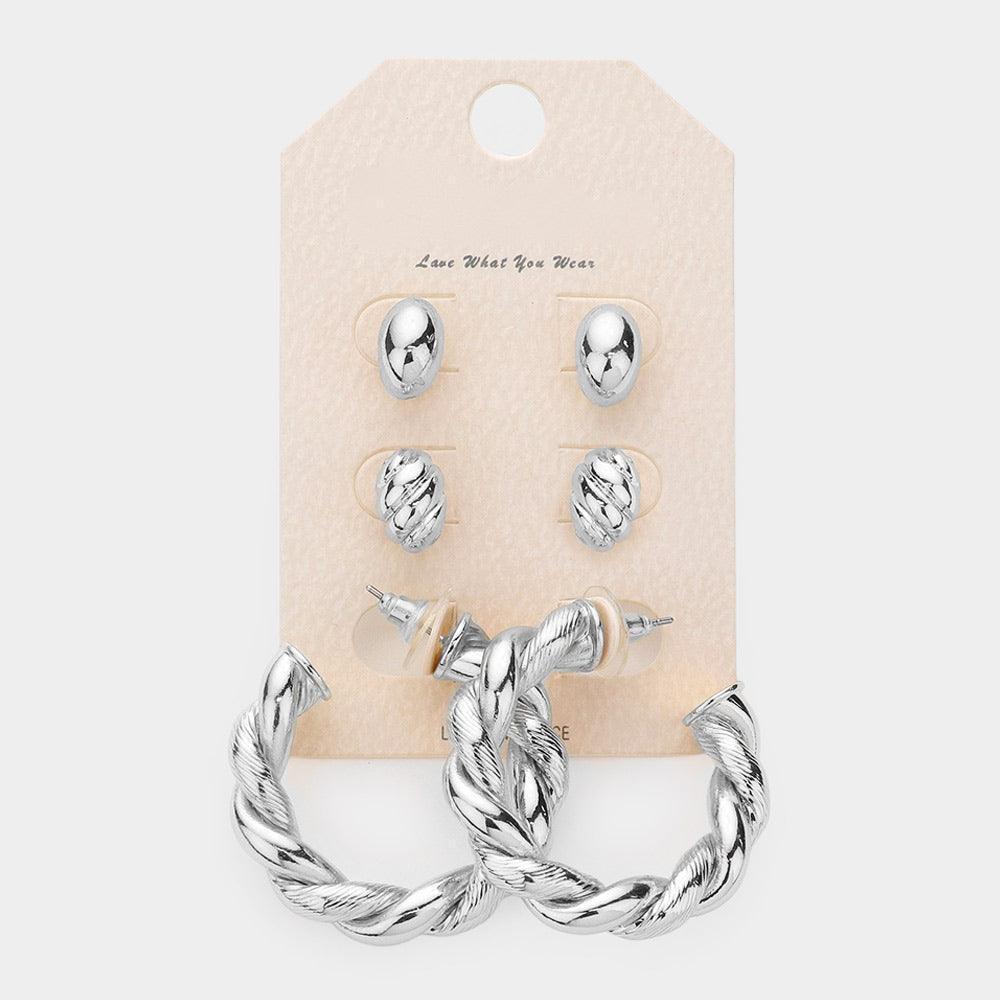 3Pairs - Metal Oval Twisted Hoop Earrings - Jewelry Store by Erik Rayo