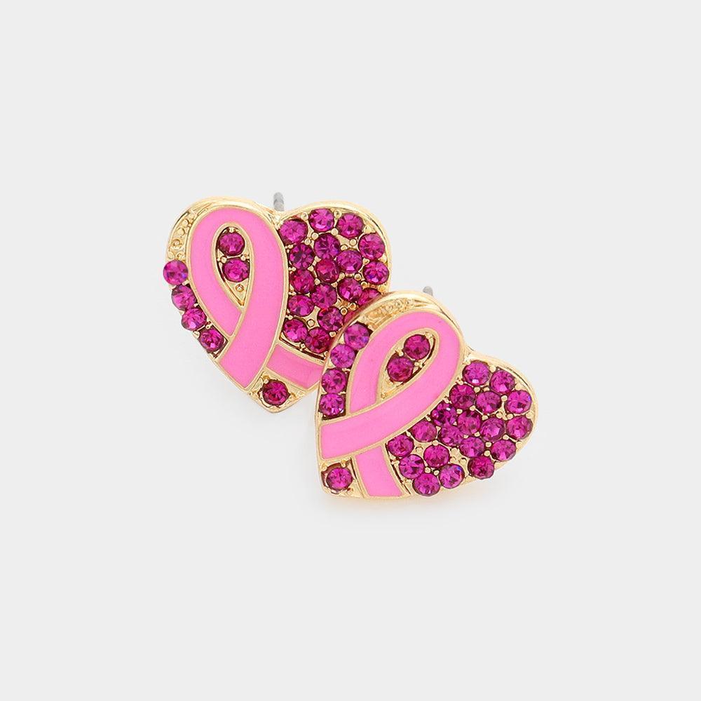 Pink Enamel Pink Ribbon Accented Rhinestone Embellished Heart 
Stud Earrings - Jewelry Store by Erik Rayo