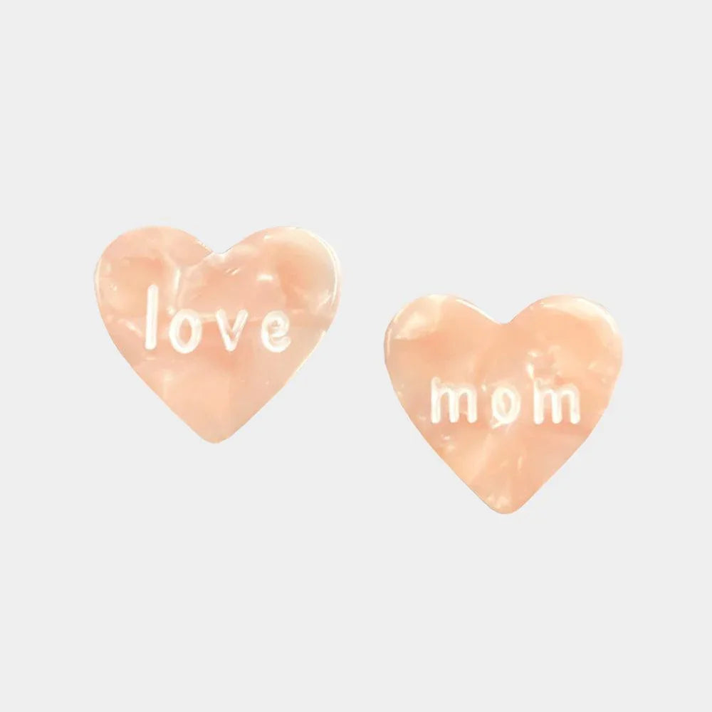 Peach love mom Message Celluloid Acetate Heart Stud Earrings - Jewelry Store by Erik Rayo