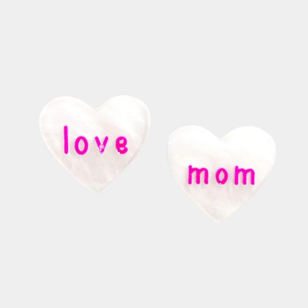 Pink love mom Message Celluloid Acetate Heart Stud Earrings - Jewelry Store by Erik Rayo