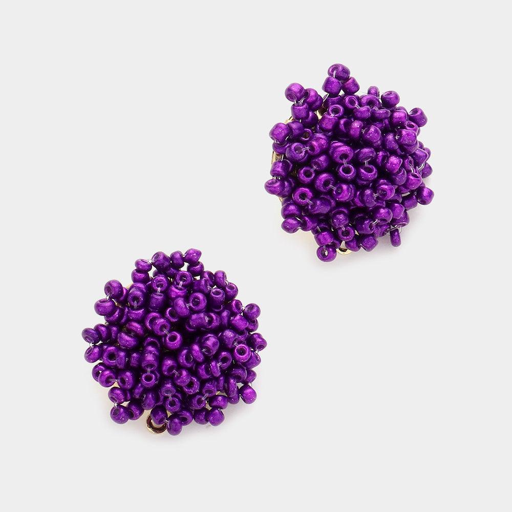 Purple Seed Bead Cluster Stud Earrings