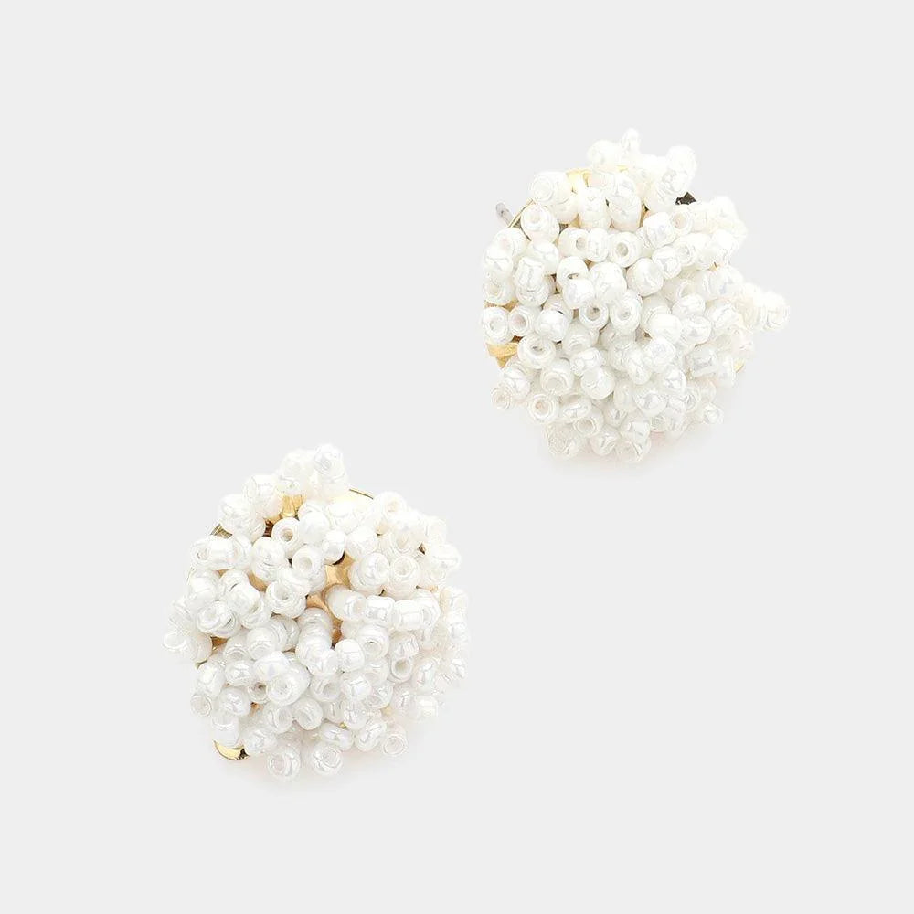 White Seed Bead Cluster Stud Earrings - Jewelry Store by Erik Rayo