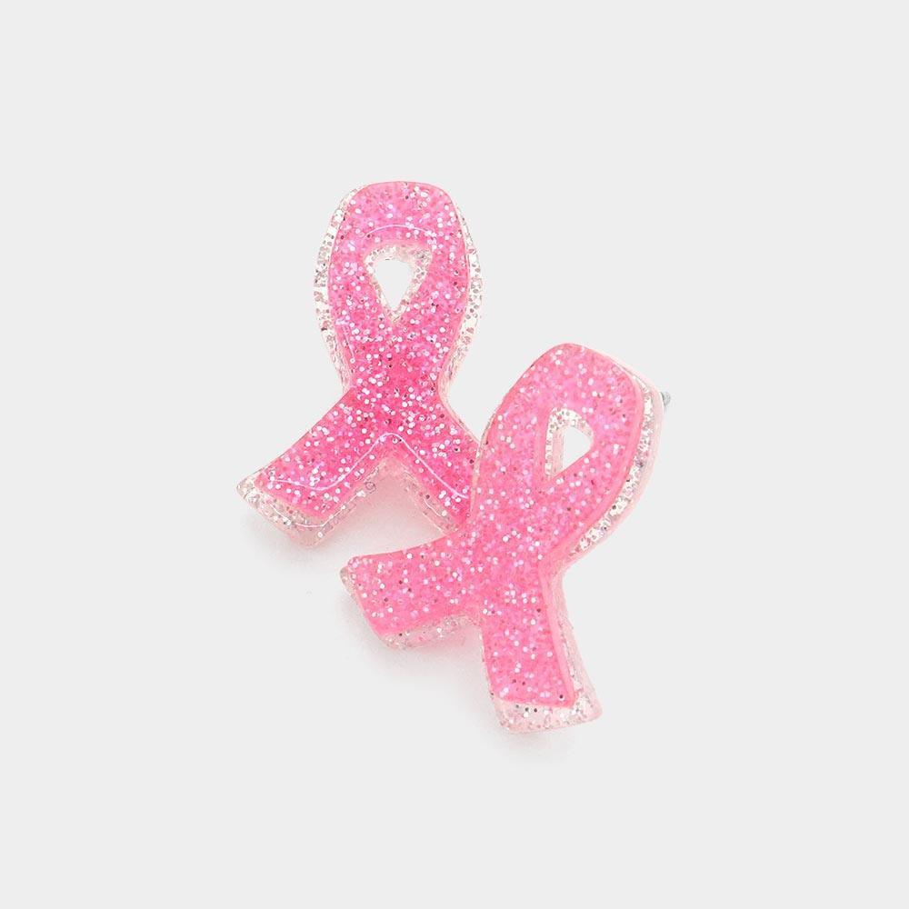 Pink Glittered Resin Pink Ribbon Stud Earrings - Jewelry Store by Erik Rayo