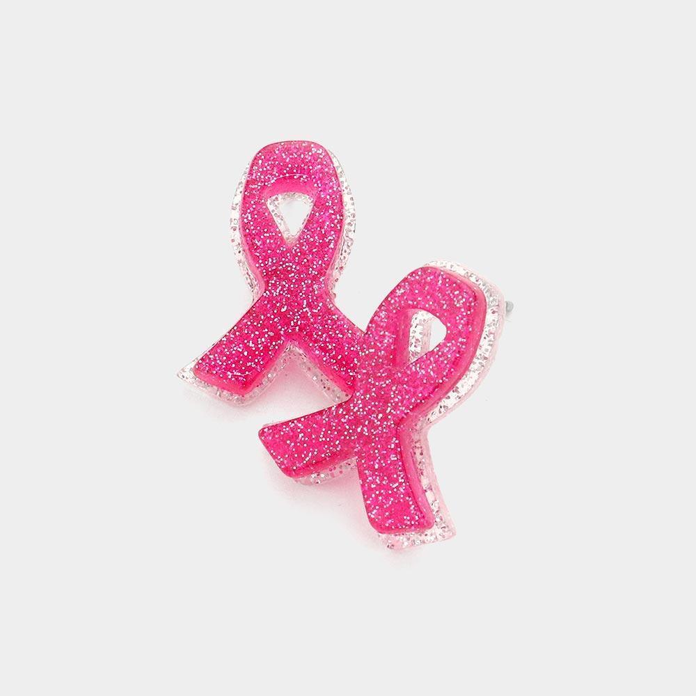 Pink Glittered Resin Pink Ribbon Stud Earrings - Jewelry Store by Erik Rayo