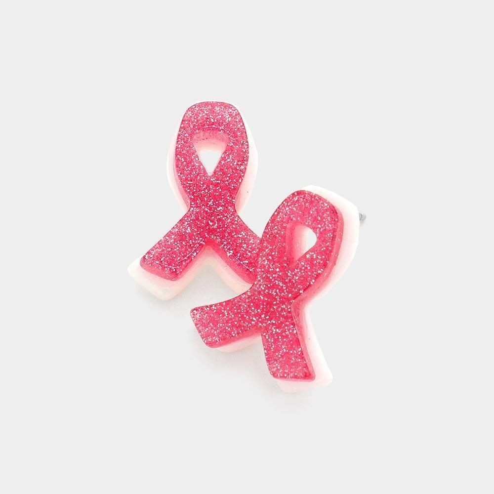 Pink Glittered Resin Pink Ribbon Stud Earrings - Jewelry Store by Erik Rayo