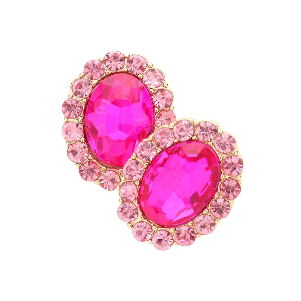 Pink Rhinestone Trimmed Oval Stone Stud Evening Earrings - Jewelry Store by Erik Rayo