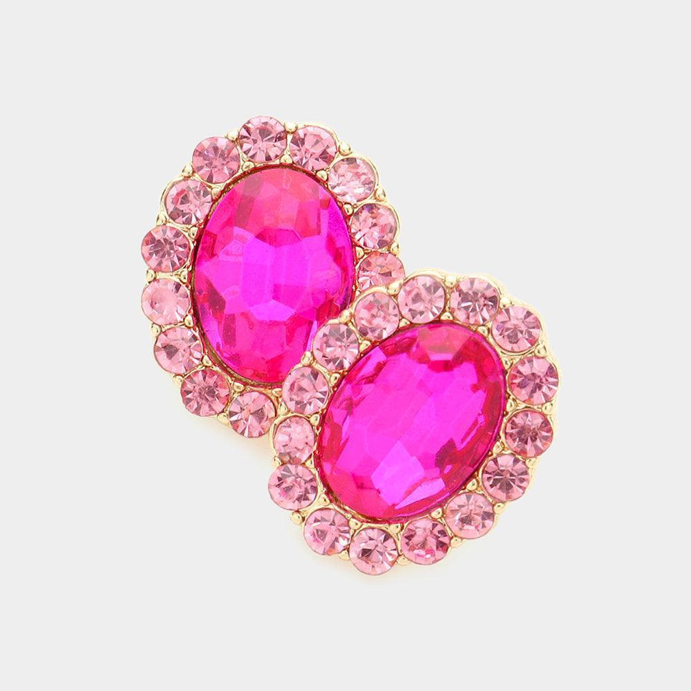 Pink Rhinestone Trimmed Oval Stone Stud Evening Earrings - Jewelry Store by Erik Rayo