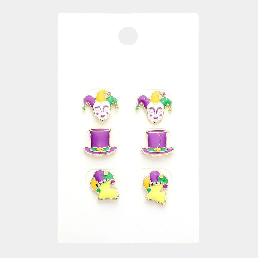 3Pairs - Mardi Gras Mask Hat Stud Earrings - Jewelry Store by Erik Rayo