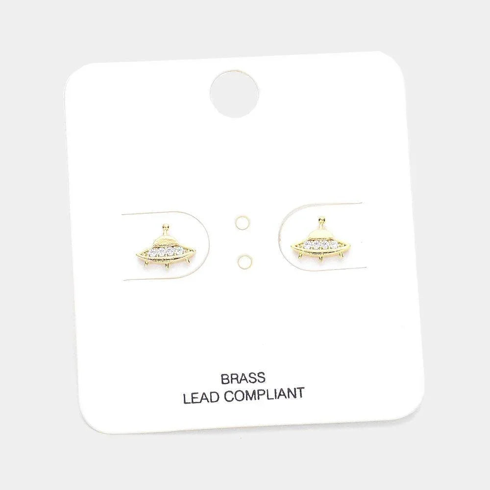Gold Rhinestone Embellished Brass Metal Spacecraft Stud Earrings - Jewelry Store by Erik Rayo
