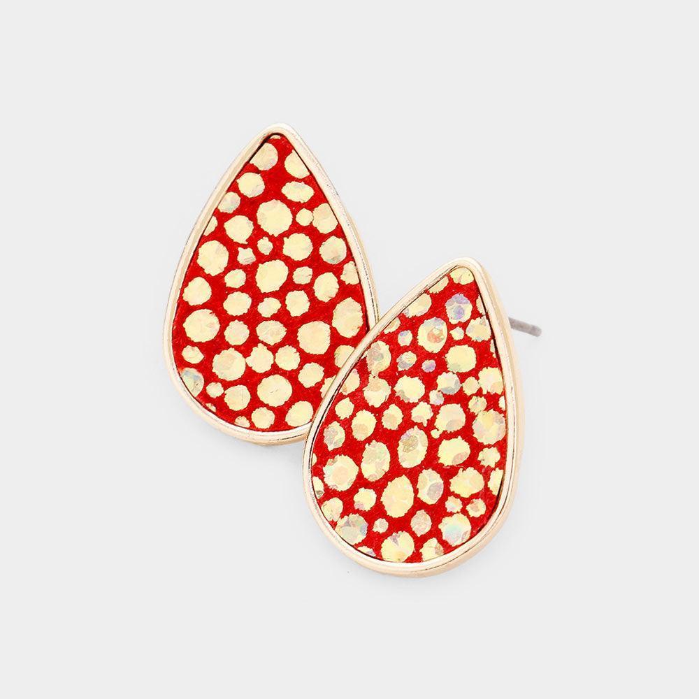 Red Genuine Sting Ray Leather Teardrop Stud Earrings - Jewelry Store by Erik Rayo