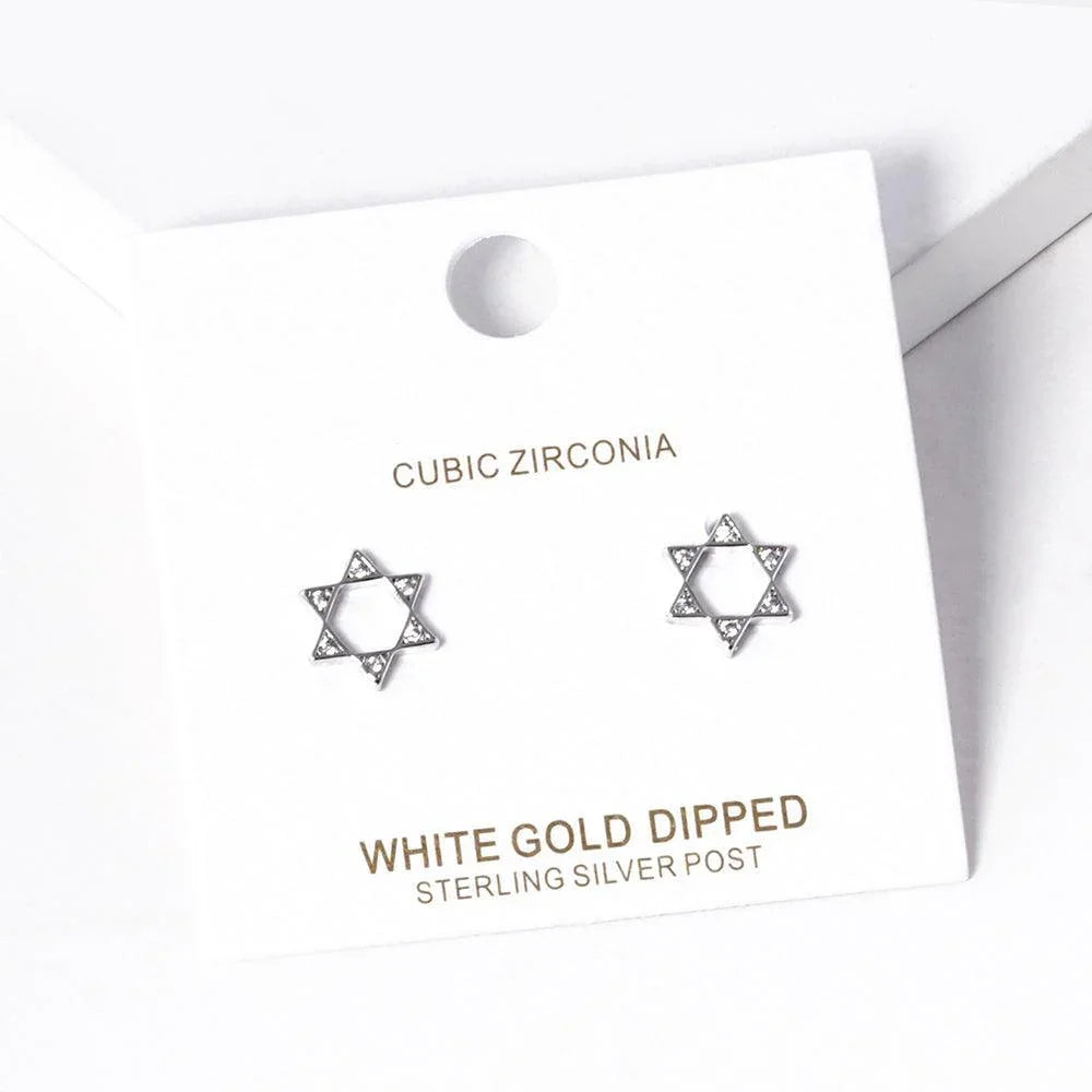 Silver White Gold Dipped Stone Pointed Star Of David Stud Earrings - Jewelry Store by Erik Rayo