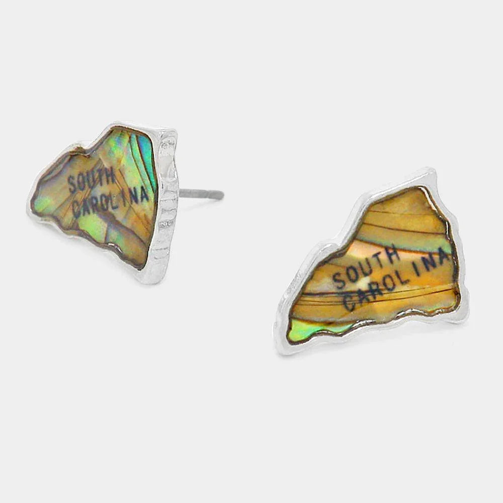 South Carolina State Map Abalone Stud Earrings - Jewelry Store by Erik Rayo