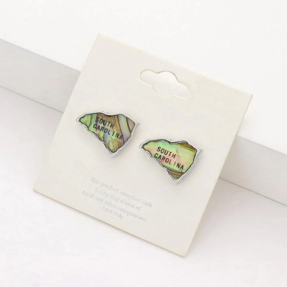 South Carolina State Map Abalone Stud Earrings - Jewelry Store by Erik Rayo