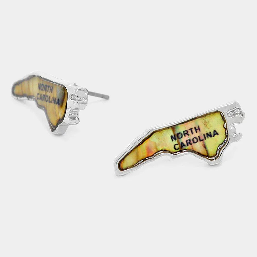 North Carolina State Map Abalone Stud Earrings - Jewelry Store by Erik Rayo
