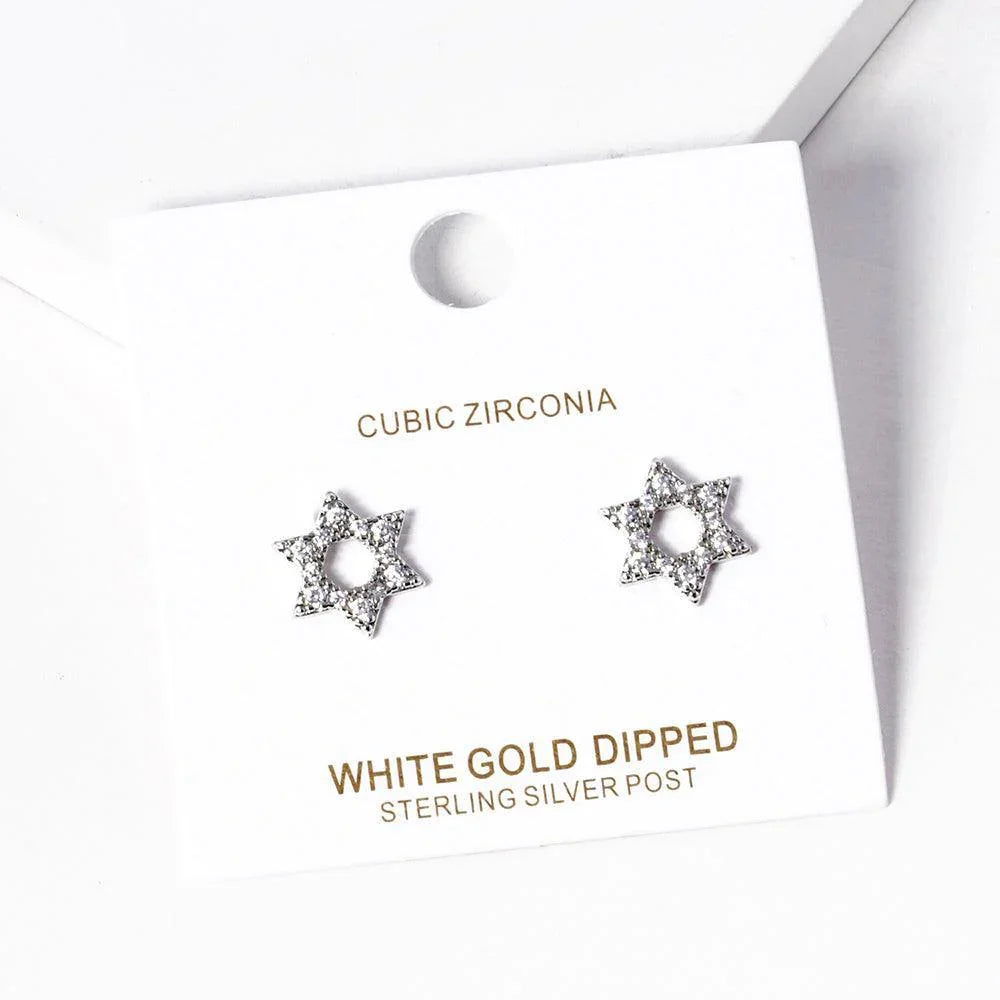 Silver White old Dipped CZ Stone Paved Star Of David Stud Earrings - Jewelry Store by Erik Rayo