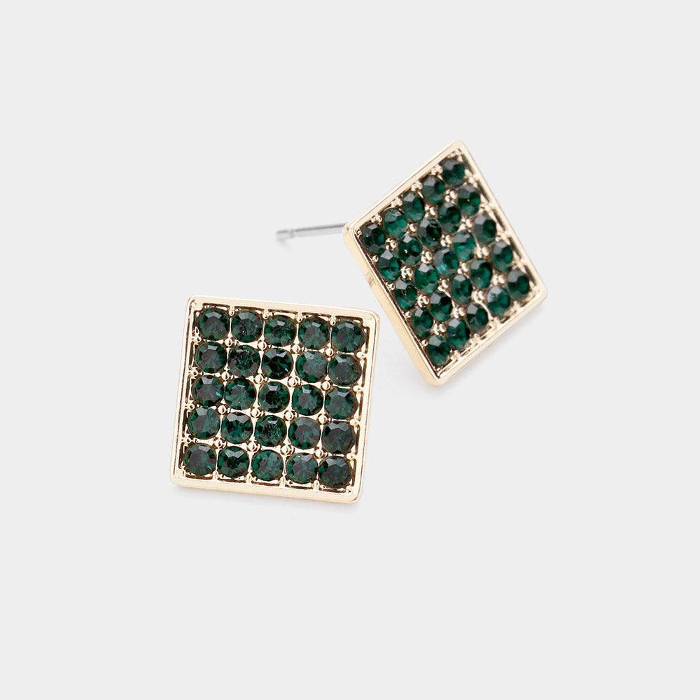 Emerald Rhinestone Embellished Square Stud Earrings - Jewelry Store by Erik Rayo