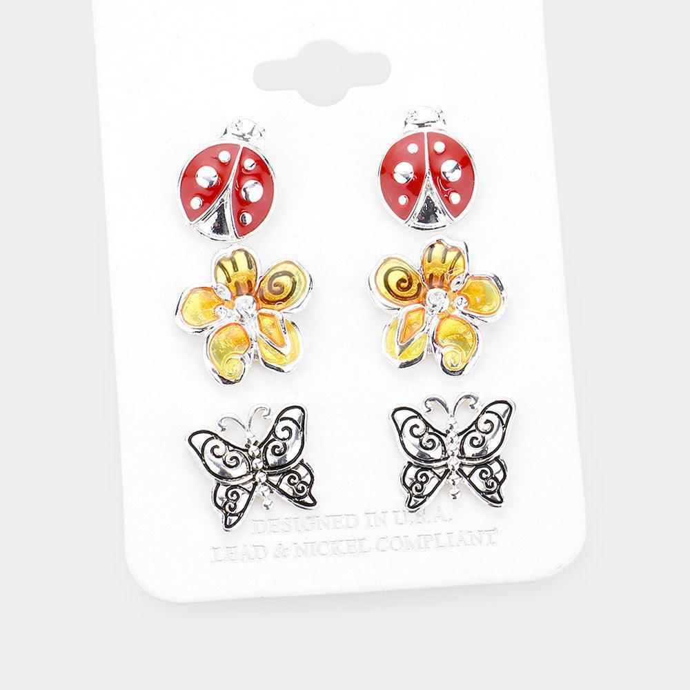 3Pairs - Enamel Ladybug Flower Metal Butterfly Stud Earrings - Jewelry Store by Erik Rayo