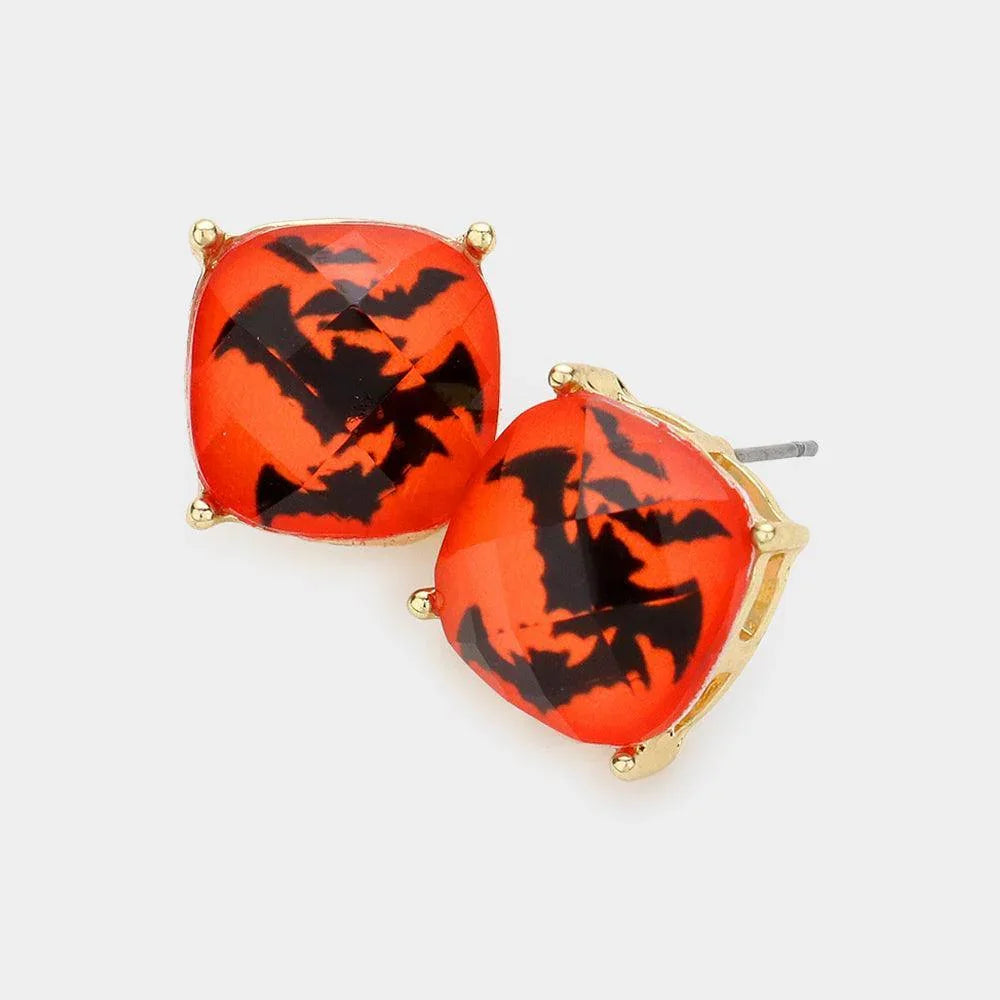 Orange Bat Cushion Square Stud Earrings - Jewelry Store by Erik Rayo