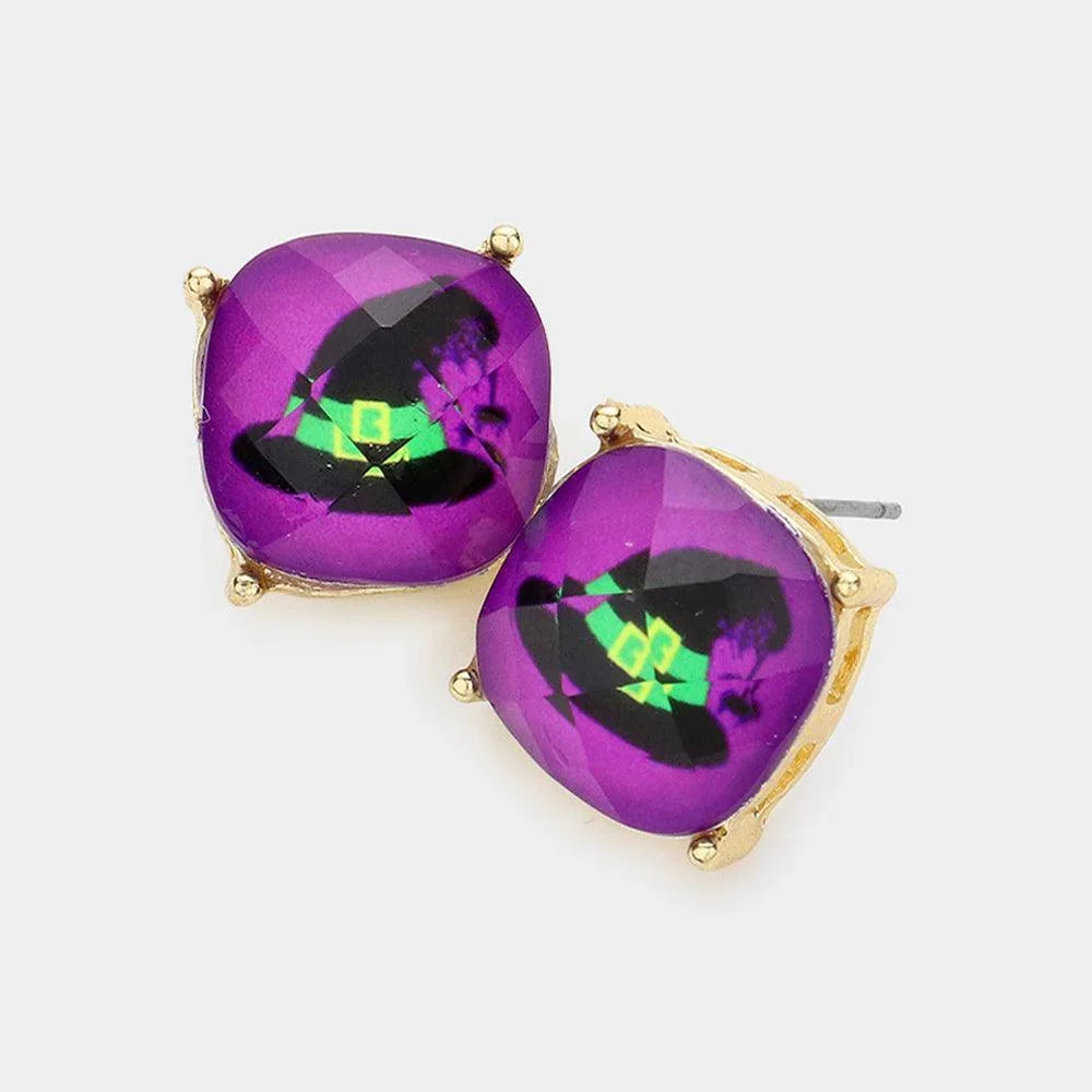 Purple Witch Hat Cushion Square Stud Earrings - Jewelry Store by Erik Rayo