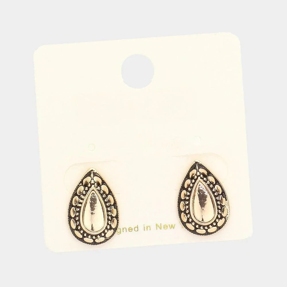 Gold Antique Metal Teardrop Stud Earrings - Jewelry Store by Erik Rayo