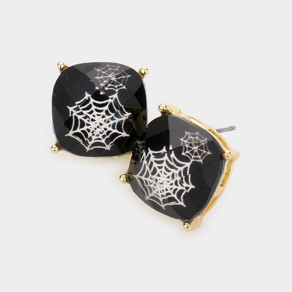 White Cobweb Cushion Square Stud Earrings