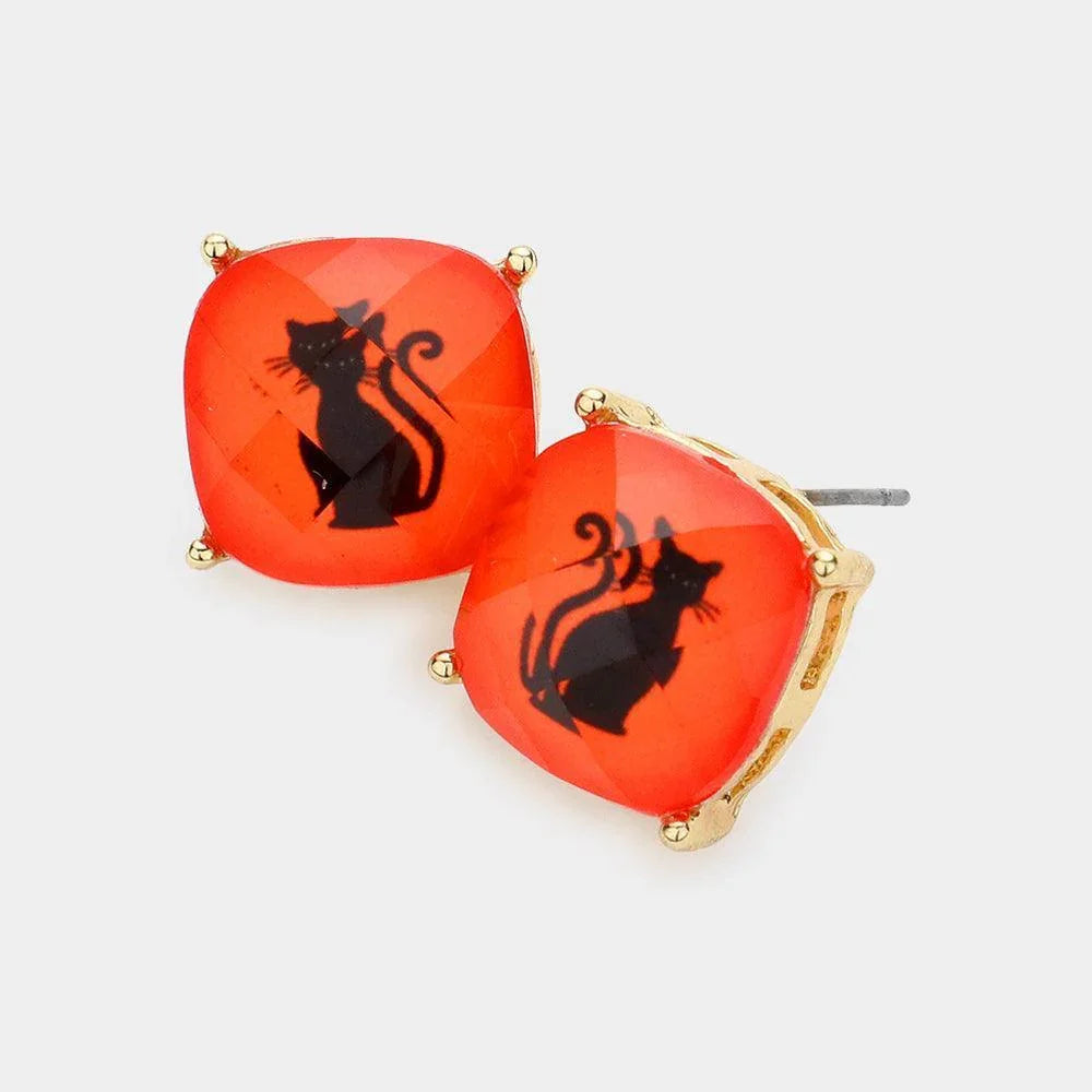 Orange Cat Cushion Square Stud Earrings - Jewelry Store by Erik Rayo