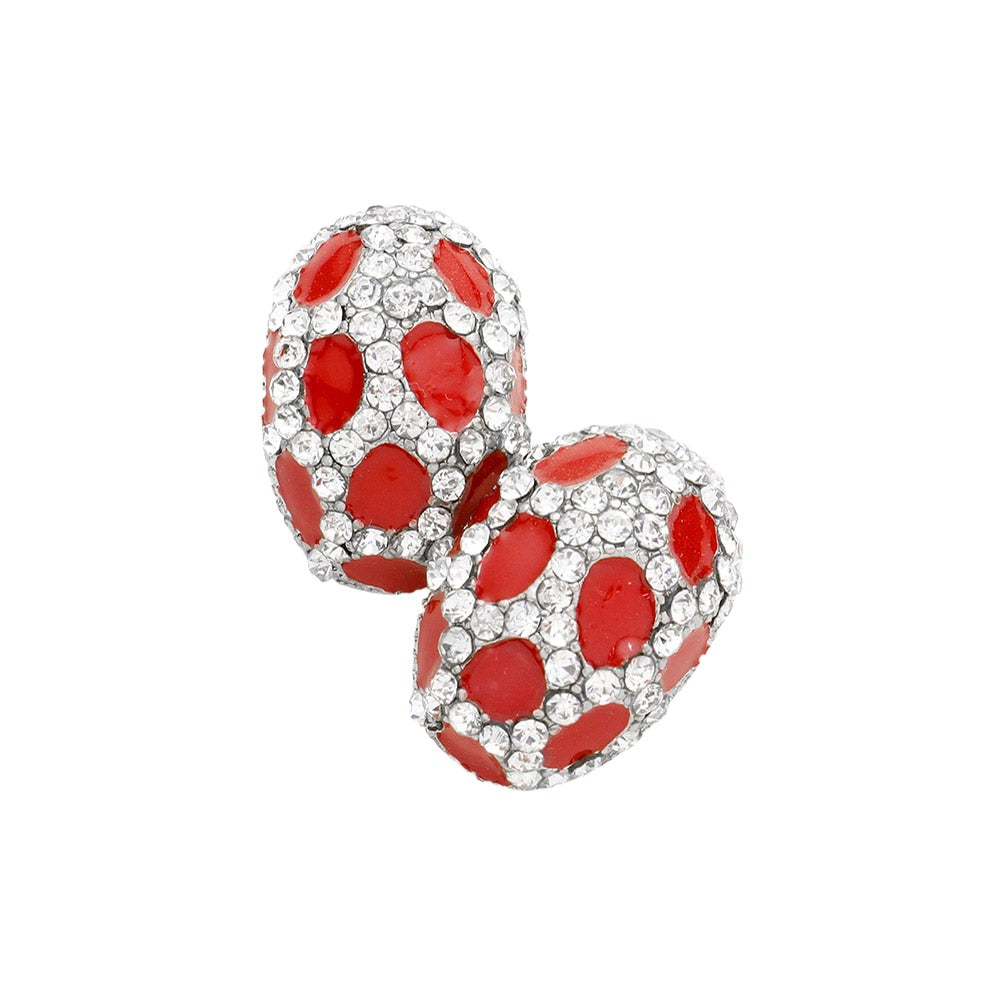 Red Patterned Crystal Enamel Oval Stud Earrings