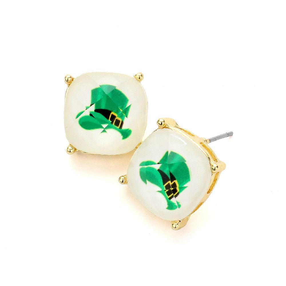 White St. Patrick's Day Hat Cushion Square Stud Earrings - Jewelry Store by Erik Rayo