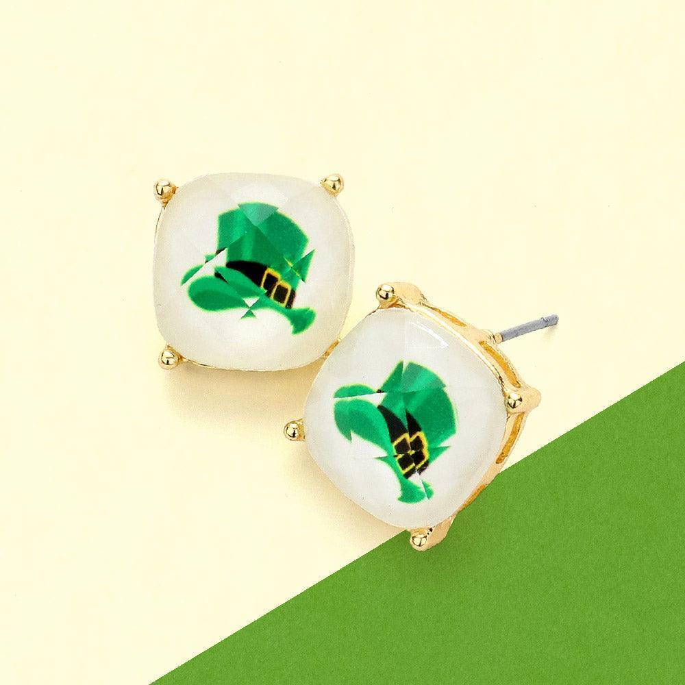 White St. Patrick's Day Hat Cushion Square Stud Earrings - Jewelry Store by Erik Rayo