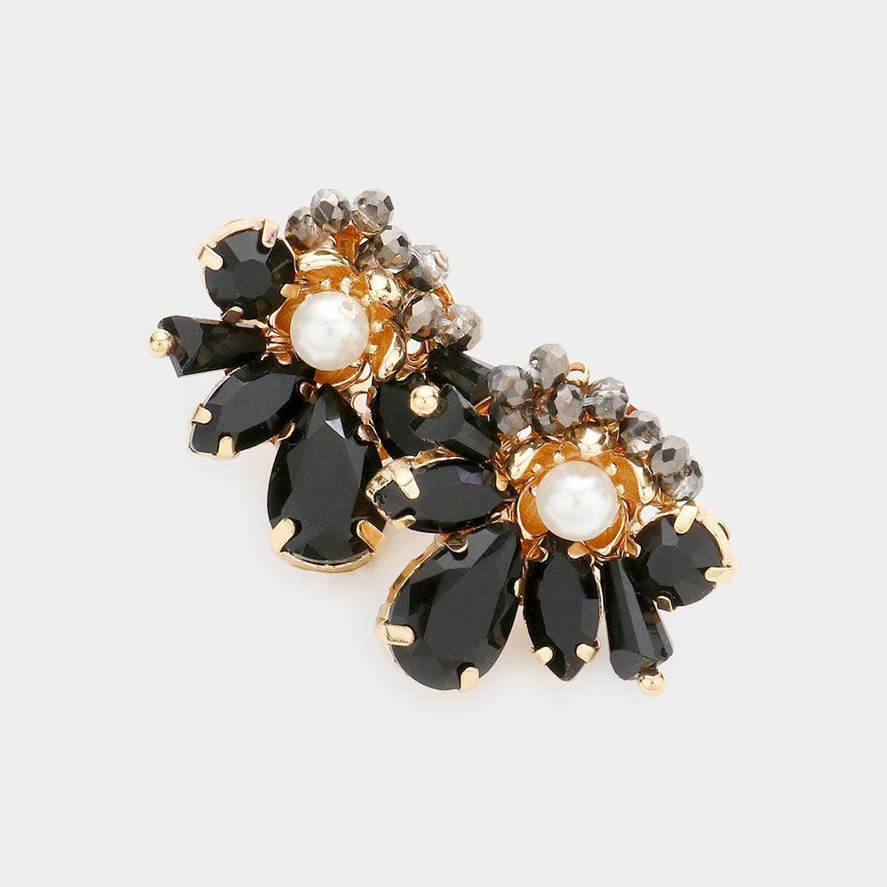Black Pearl Centered Multi Stone Bead Cluster Stud Earrings - Jewelry Store by Erik Rayo