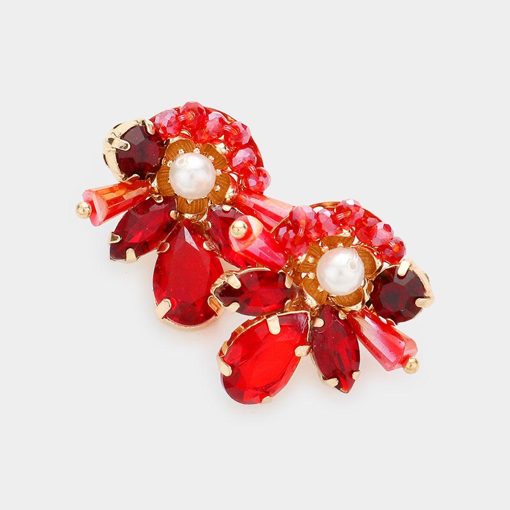 Red Pearl Centered Multi Stone Bead Cluster Stud Earrings