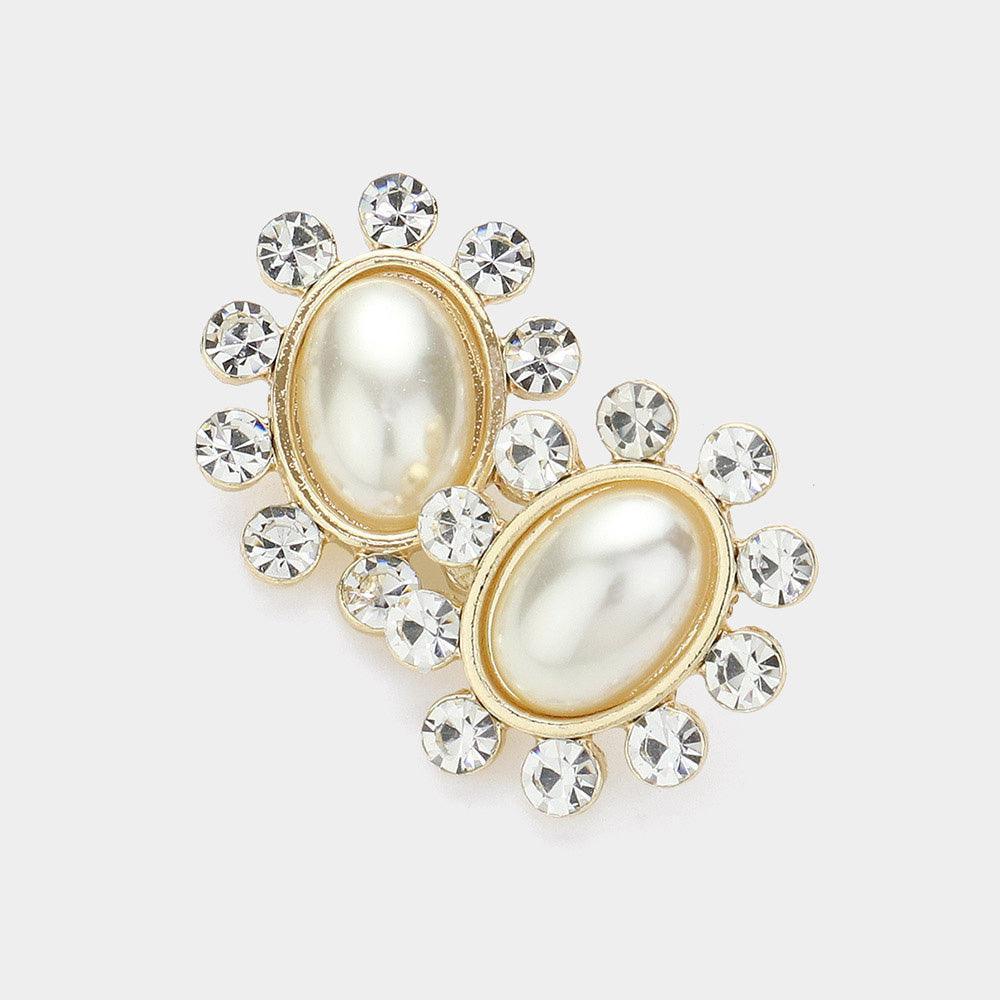 Clear Oval Pearl Pointed Rhinestone Rim Stud Earrings - Jewelry Store by Erik Rayo