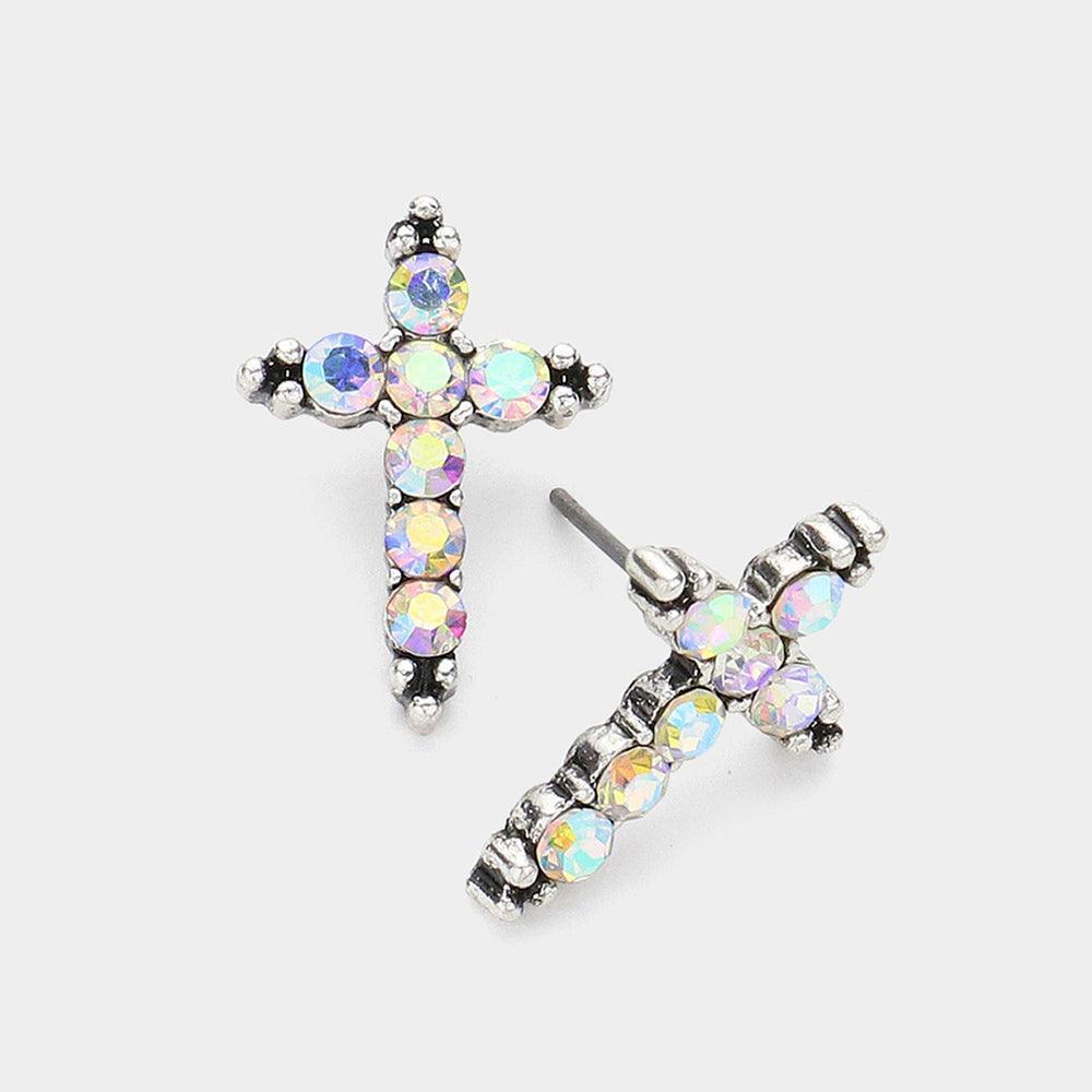 Silver Stone Paved Cross Stud Earrings - Jewelry Store by Erik Rayo