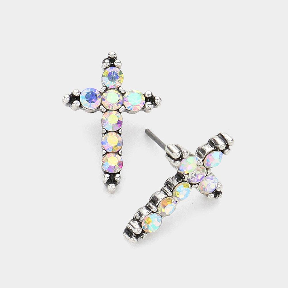 Silver Stone Paved Cross Stud Earrings