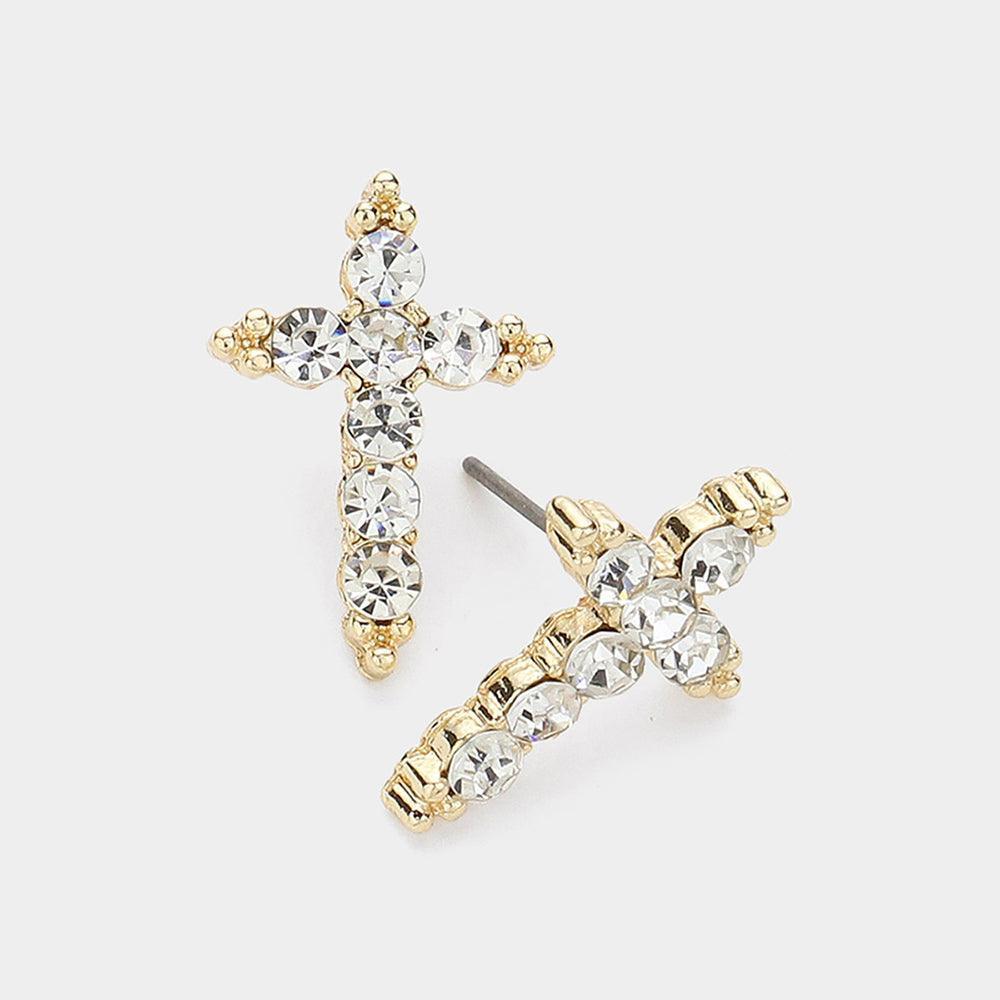 Clear Stone Paved Cross Stud Earrings