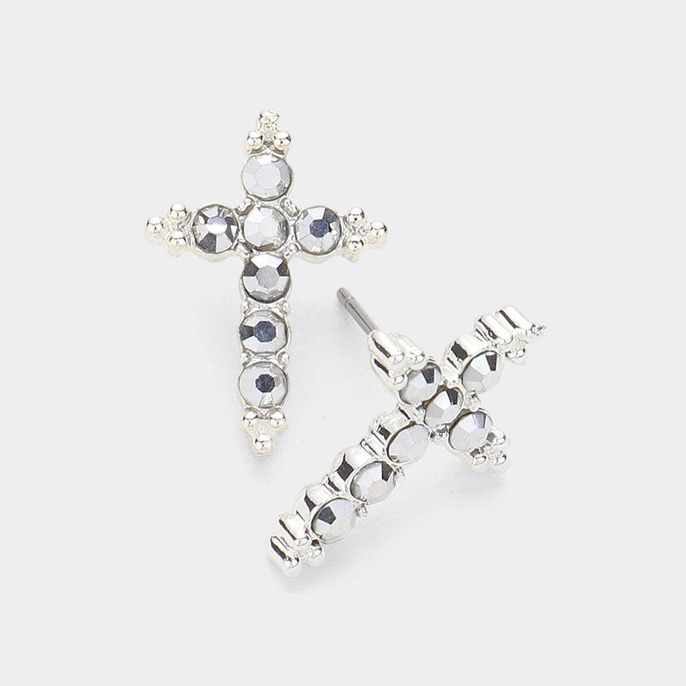 Silver Stone Paved Cross Stud Earrings - Jewelry Store by Erik Rayo
