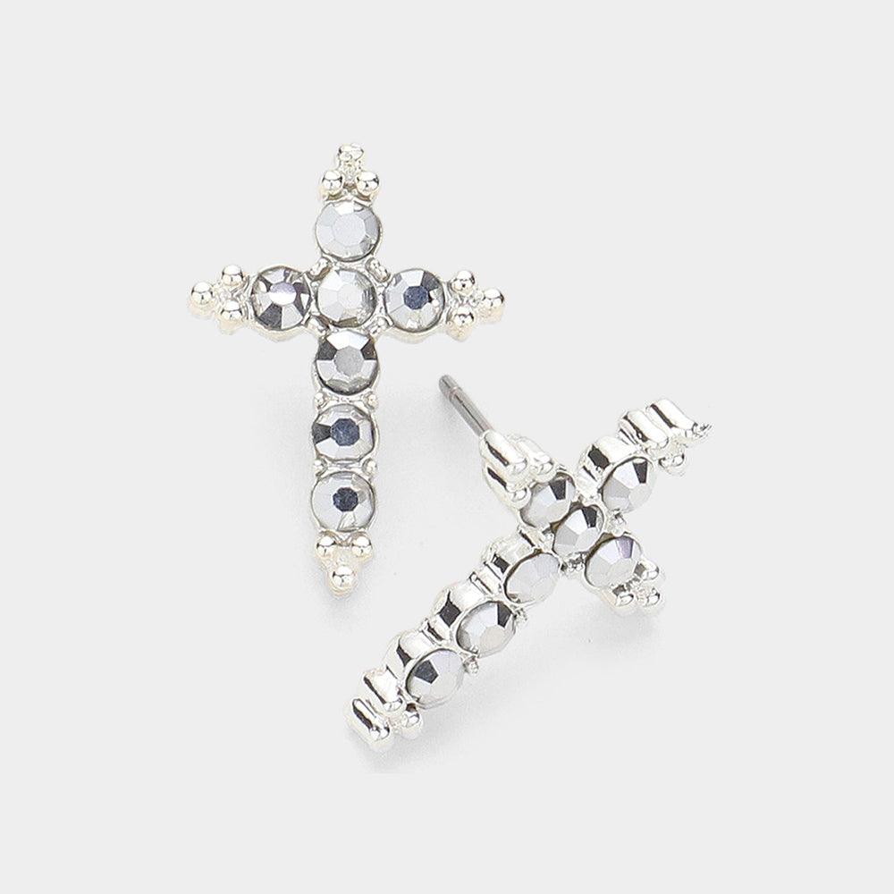 Silver Stone Paved Cross Stud Earrings