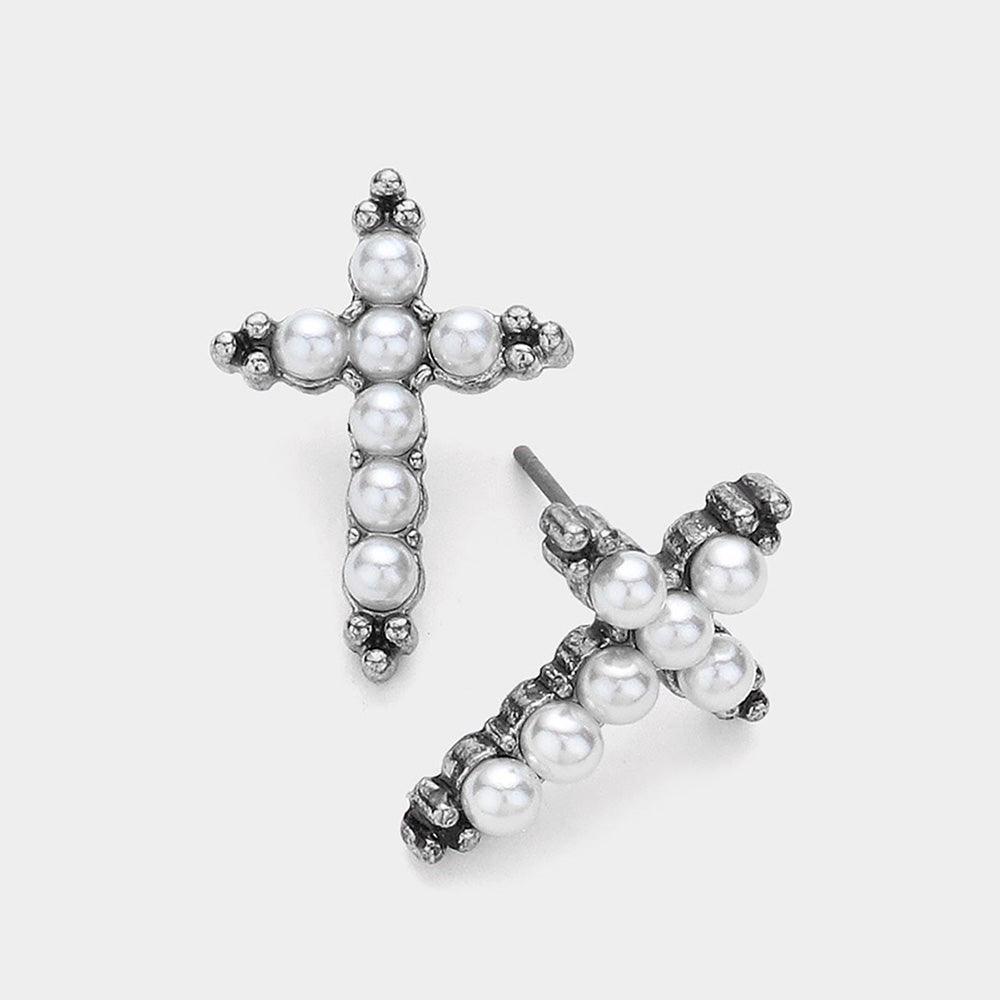 Silver Pearl Cross Stud Earrings - Jewelry Store by Erik Rayo