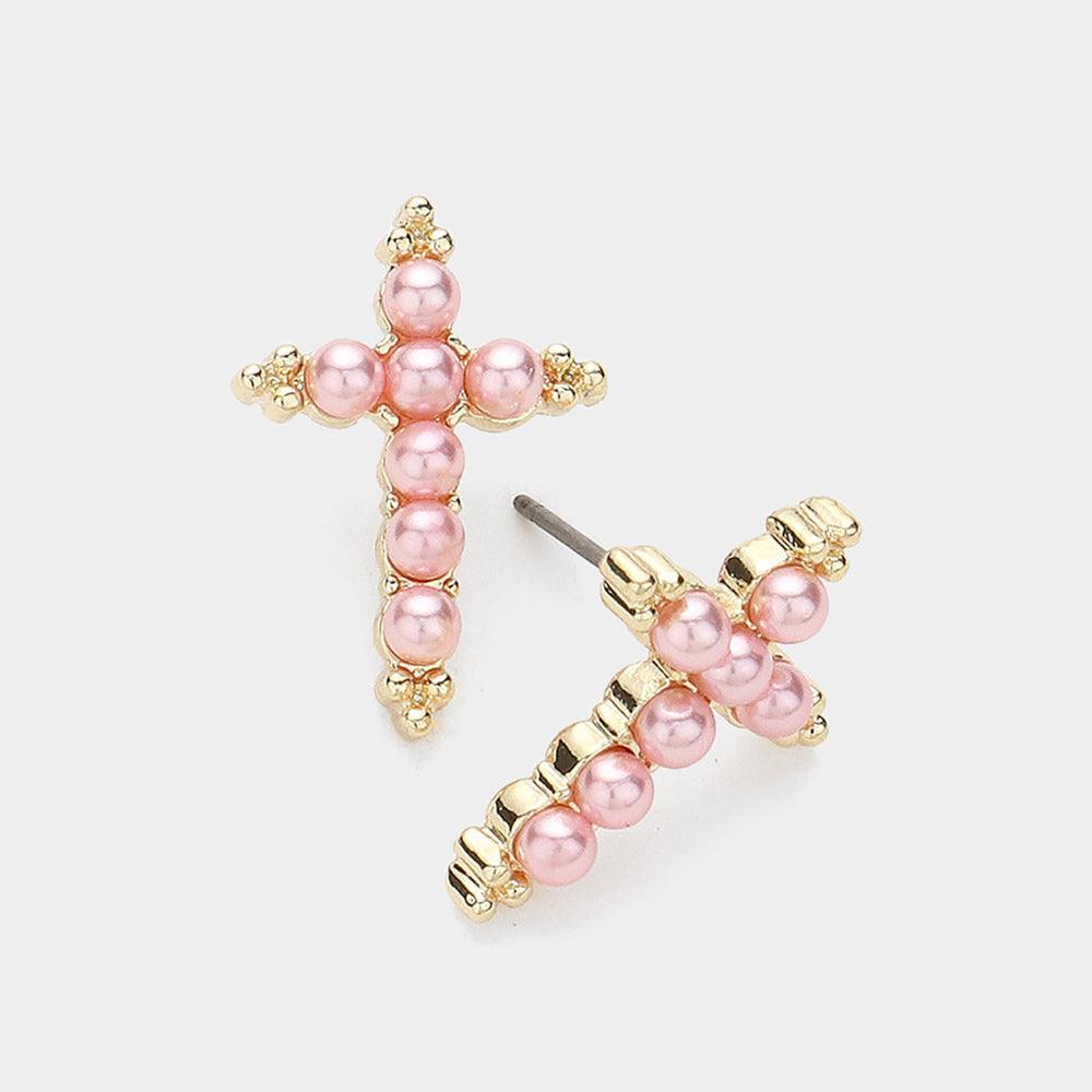 Pink Pearl Cross Stud Earrings - Jewelry Store by Erik Rayo