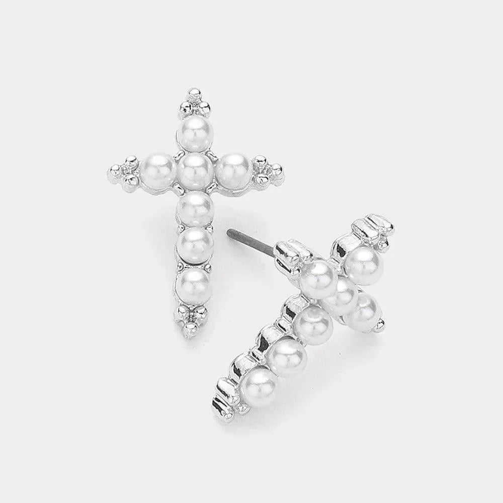 Silver Pearl Cross Stud Earrings - Jewelry Store by Erik Rayo