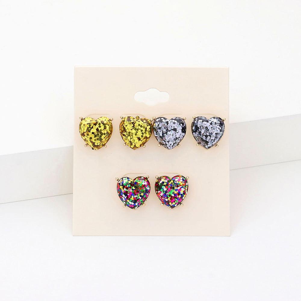 3Pairs - Glittered Heart Stud Earrings - Jewelry Store by Erik Rayo