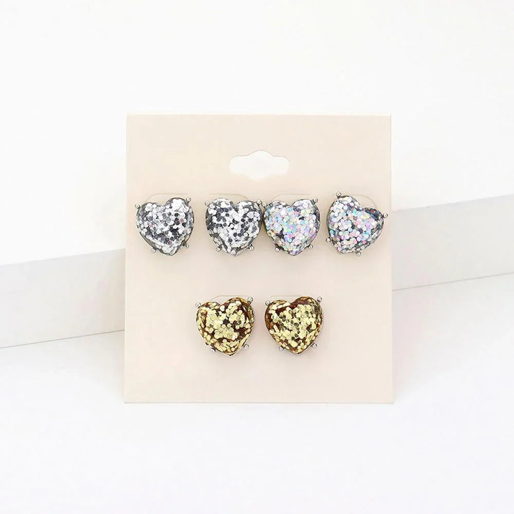 3Pairs - Glittered Heart Stud Earrings - Jewelry Store by Erik Rayo