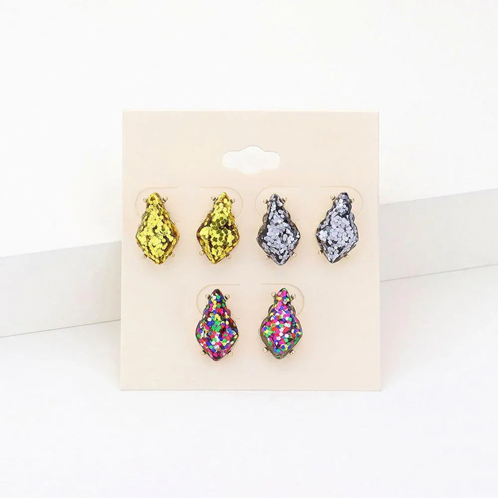 3Pairs - Glittered Petal Stud Earrings - Jewelry Store by Erik Rayo