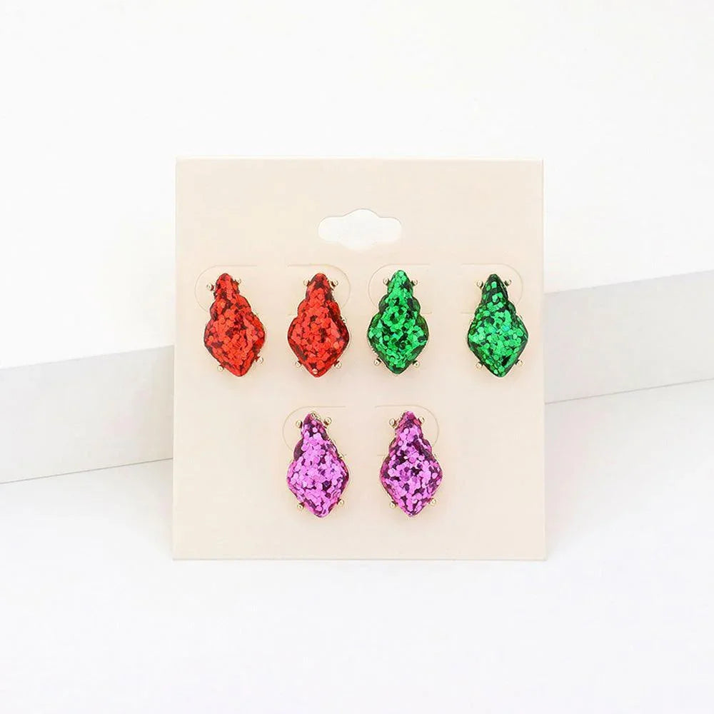 3Pairs - Glittered Petal Stud Earrings - Jewelry Store by Erik Rayo